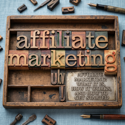 Wooden board with blocked letter describing affiliate markeitng what it is and how to get started