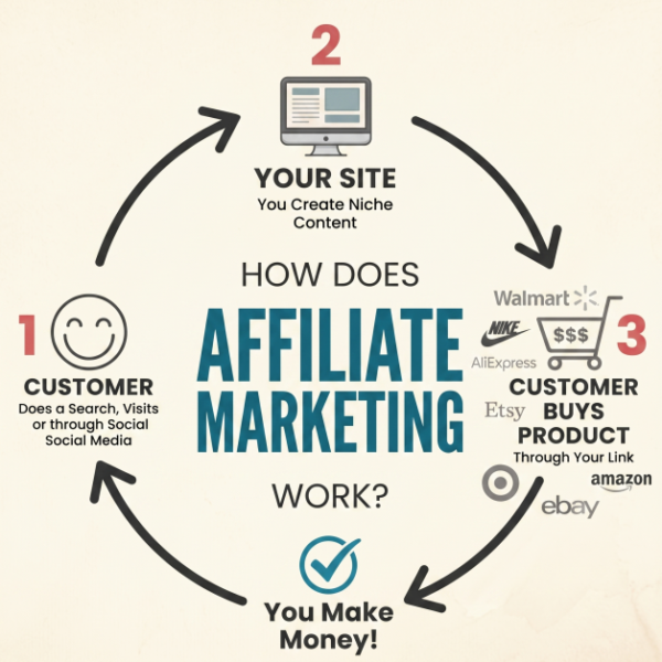 How Affiliate Marketing Structure Worksgetting commissions Chart showing how the structure of Affiliate marketing works