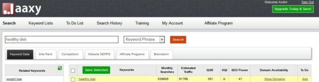 Using the keyword Healthy diet within Jaaxy Keyword Tool