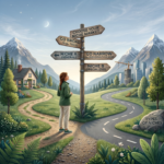Woman standing in front of sign post giving various options in select a niche for affiliate marketing