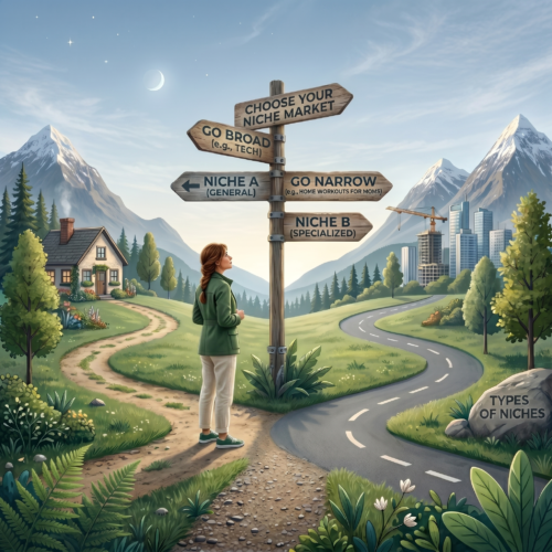 Woman standing in front of sign post giving various options in select a niche for affiliate marketing