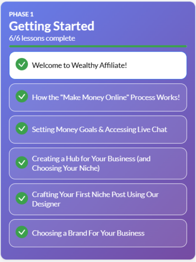 Wealthy Affiliate Phase 1 core training lessons for beginners