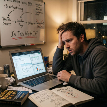 Image of a man with his hand on his hear looking at the screen and wondering Why is Affiliate Marketing so Hard