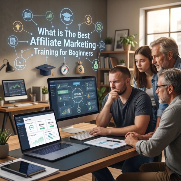 Image of People looking together at the screen learning about AffilIate Marketing Training for Beginnes