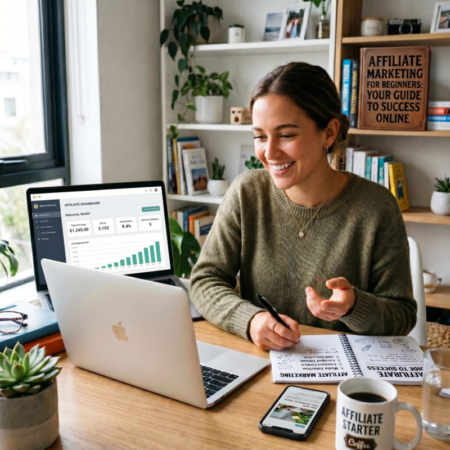 Smiling woman doing affiliate marketing dashboard at home office, writing notes for beginner online business training. The toipic is Affiliate marketing for Beginners