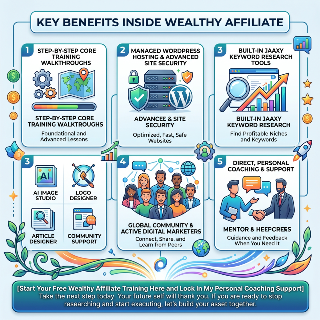 Kkey benefits inside the Wealthy Affilaite Training platform Chart showing some key benefits inside the Wealthy Affilaite Training platform