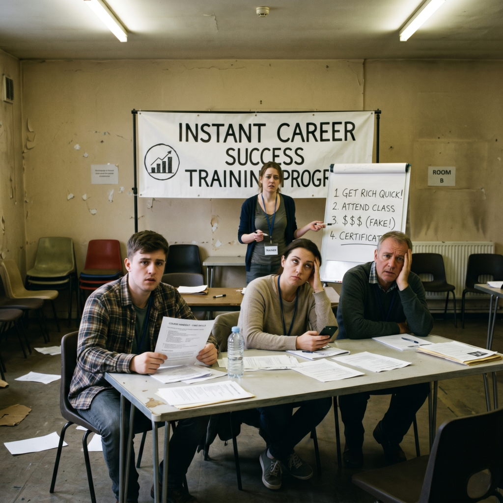 Fake or low-quality training programs with fake promises Image of person teaching fake oir low quality training programs teching get rich quick while students are lost and confused