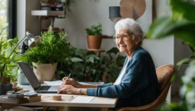 Retired woman working form home writing and editing Retired woman working form home writing and editing