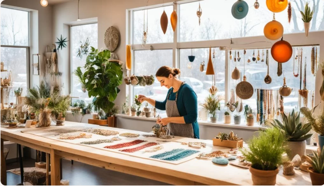 Woman wroking from home with her arts and crafts