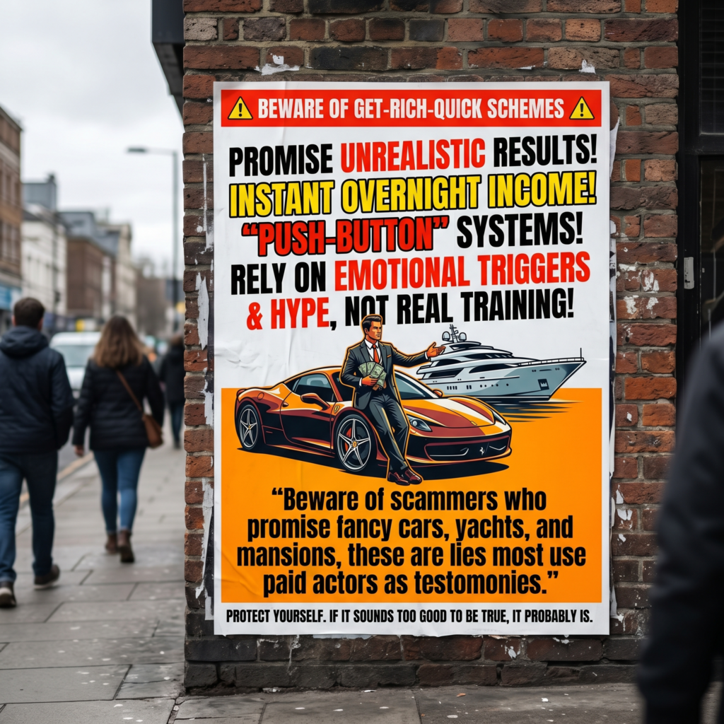 Gryt riich quick schemes full of hype and promes while takiing you money with nothing to show Image relating to get rich quick schemes promising you much but giving you little
