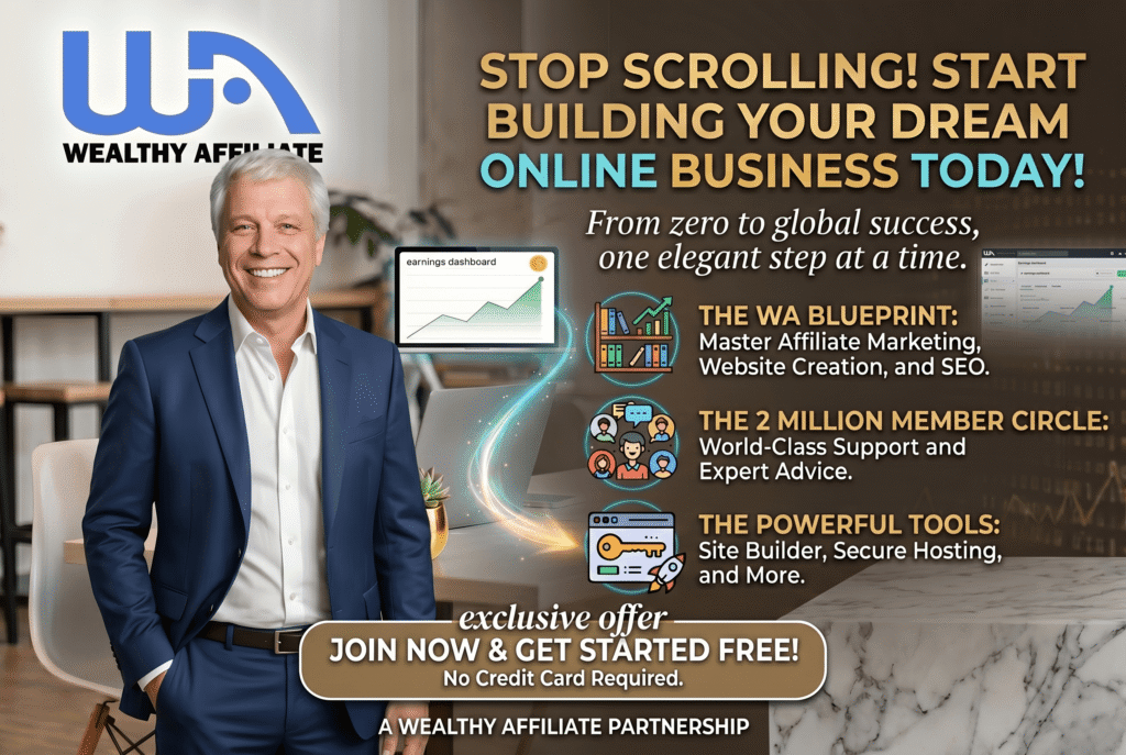 Get the training with wealthy affiliate join now person in a suit working from home with Wealthy Affiliate Training platform
Get the training with wealthy affiliate join now