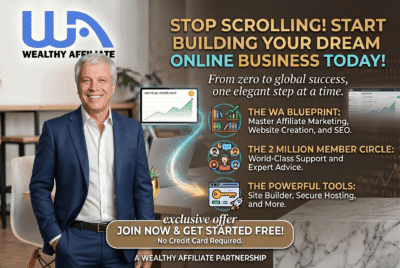 Here is your opportunity with Wealthy Affiliate Business Hubs Entrepreneur working from home showcasing Wealthy Affiliate’s free affiliate marketing training.