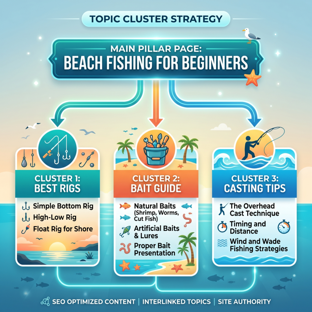 Topic Cluster Strategy for beach fishing for beginners Chart image strategy ushowing how to build a topic cluster strategy with using example of beachrfishing for beginners