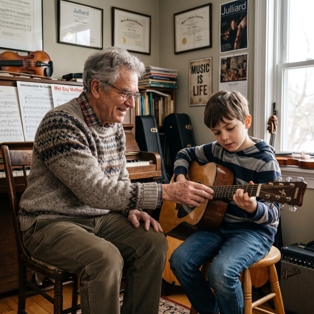 Retired Much Teacher teaching a Student How to Play a Guitar