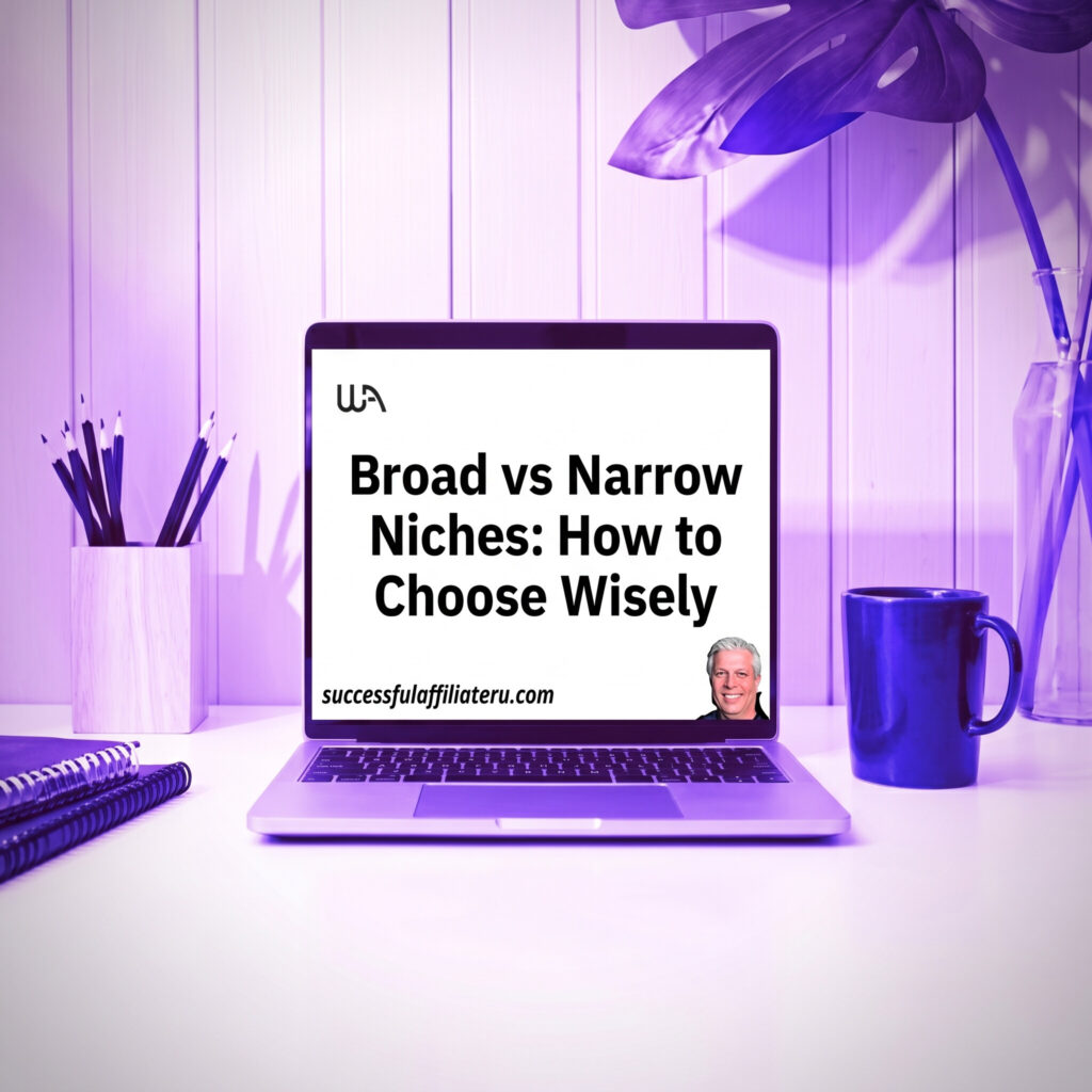 Broad Vs narrow Niche; how to Choose wisely Desk computer with blue cup and pencil holders with notebook asking about Broad vs Narrow Niche: How to Choose Wisely.