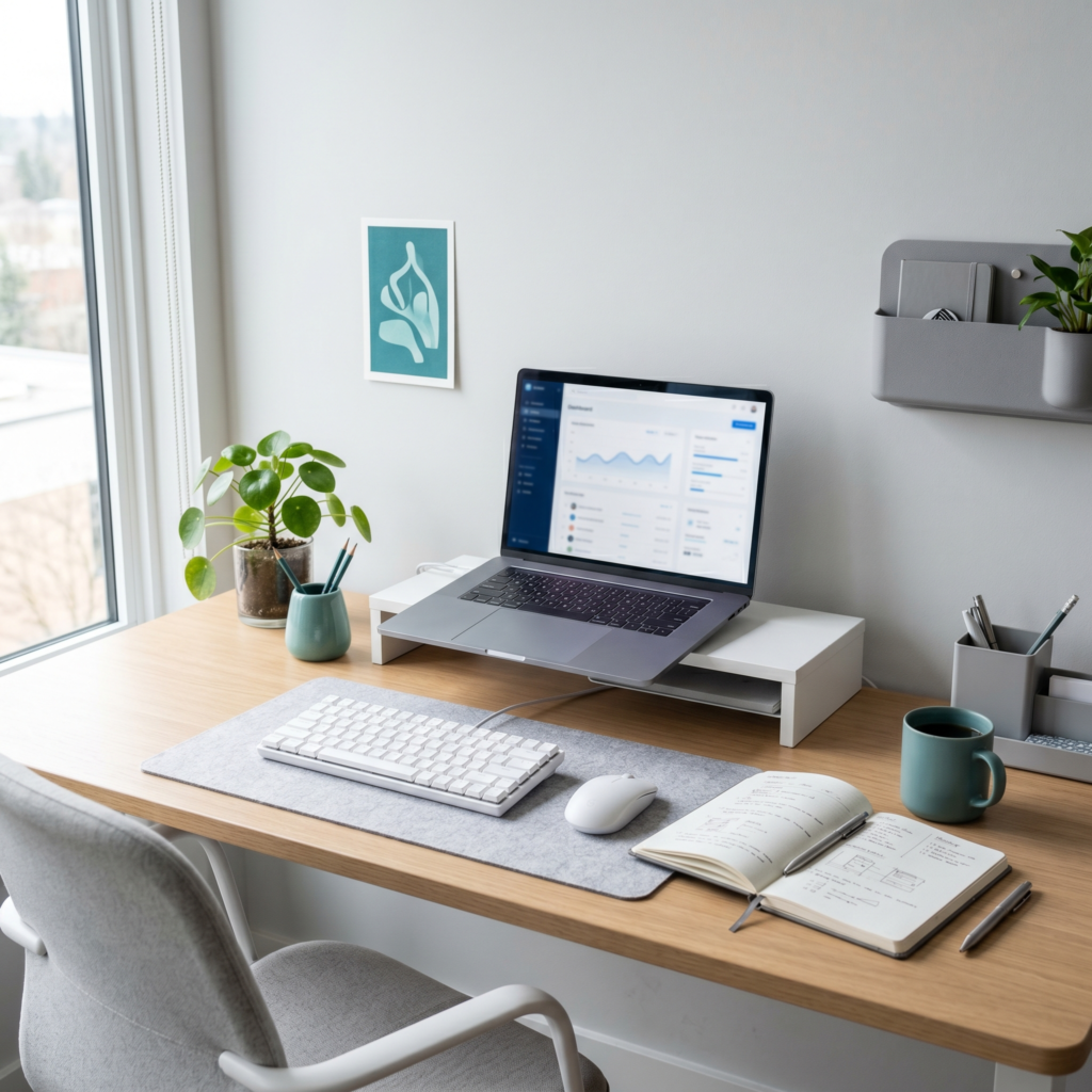 15 Coatly Affiliate marketing mistakes to avoid A soft, calming workspace with a notebook, pen, glasses, and a laptop on a clean desk.