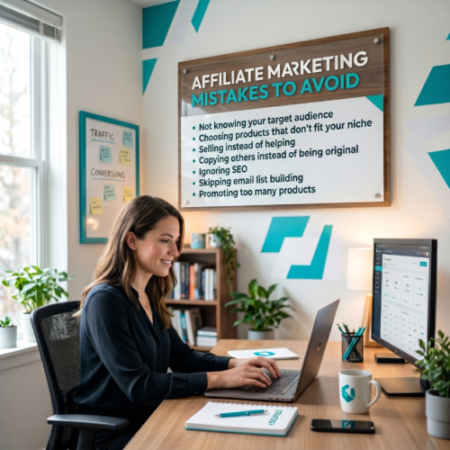 15 Common Affiliate Marketing Mistakes to Avoid Woman typing on a laptop in a modern office, with a wall board behind her listing the top seven beginner affiliate marketing mistakes to avoid.