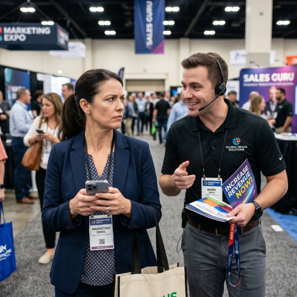Not building trust with your audience — avoid over‑selling and ignoring reactions. Man enthusiastically pitching at a marketing expo while a woman looks skeptical, illustrating poor audience connection and lack of trust.