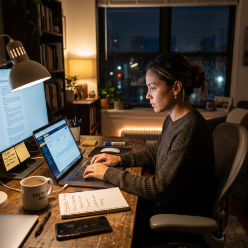 Woman typing on laptop and focusing on her online work on the topic of motivation vs discipline
