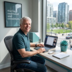 Stay motivated and consistent in your online business. Image of myself smiling while typing on laptop with slogon on the wall saying stay motivated and consistent