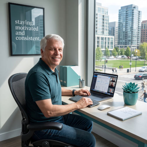 Image of myself smiling while typing on laptop with slogon on the wall saying stay motivated and consistent