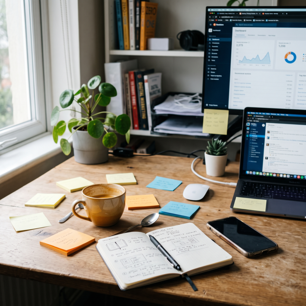 Common Routine Killers in Affiliate Marketing Workspace with scattered sticky notes, open notebook, and multiple screens representing distractions and routine killers in affiliate marketing.