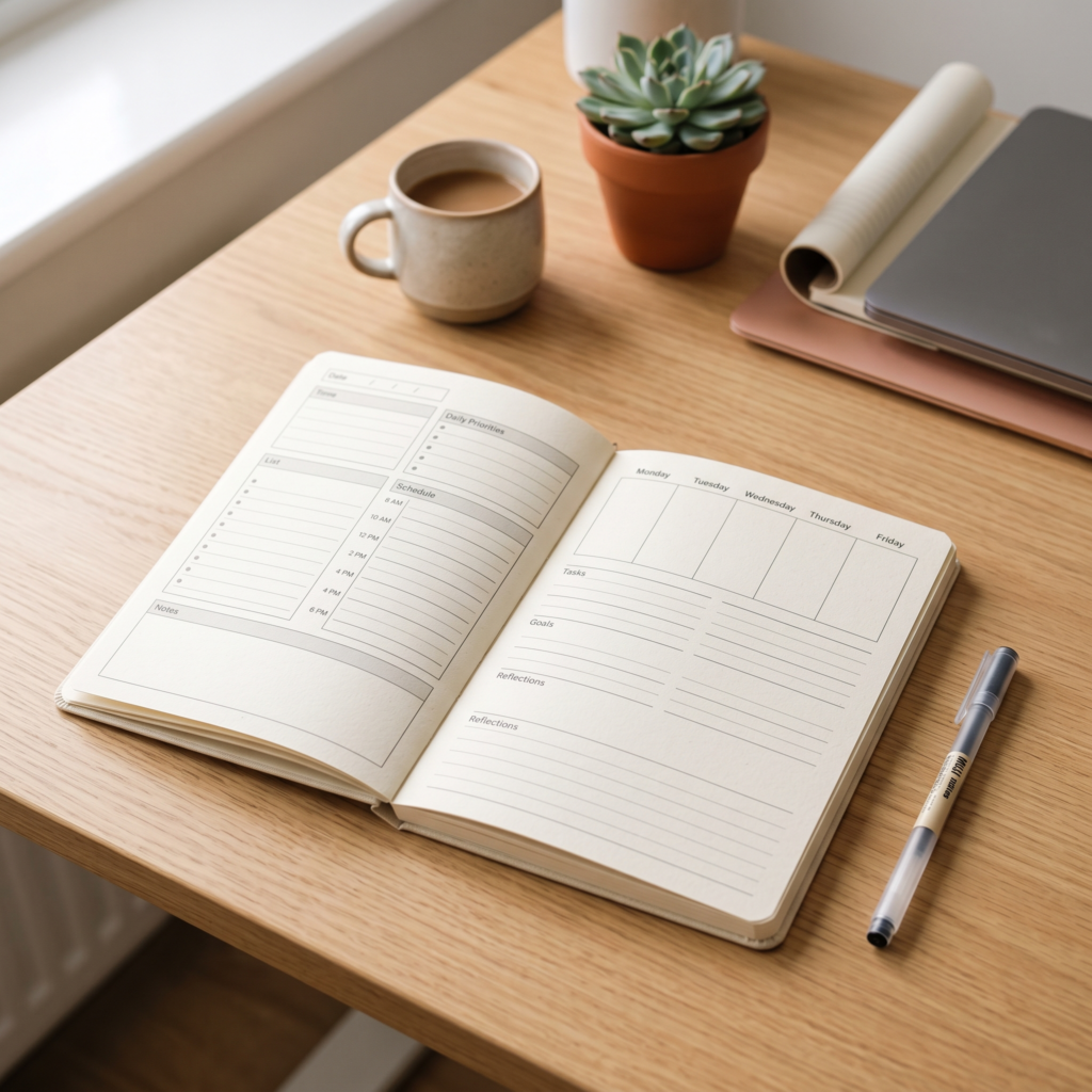 Simple planner layout representing daily and weekly work from home routines.