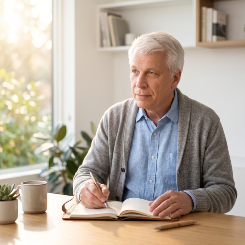 Affiliate Marketing Routines with Long-Term Discipline Older adult writing in a notebook at a bright desk, symbolising focus and consistency in affiliate marketing routines.