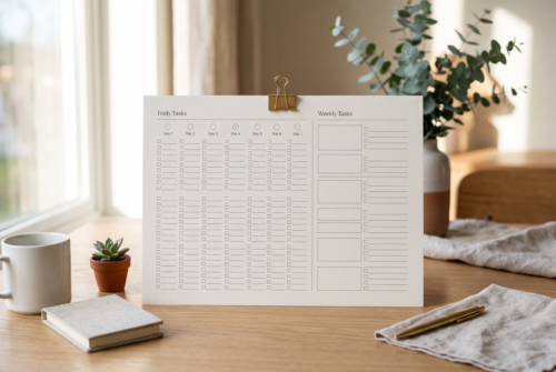 affiliate marketing routines. Minimal weekly structure chart showing daily and weekly workflow sections, supporting affiliate marketing routines.