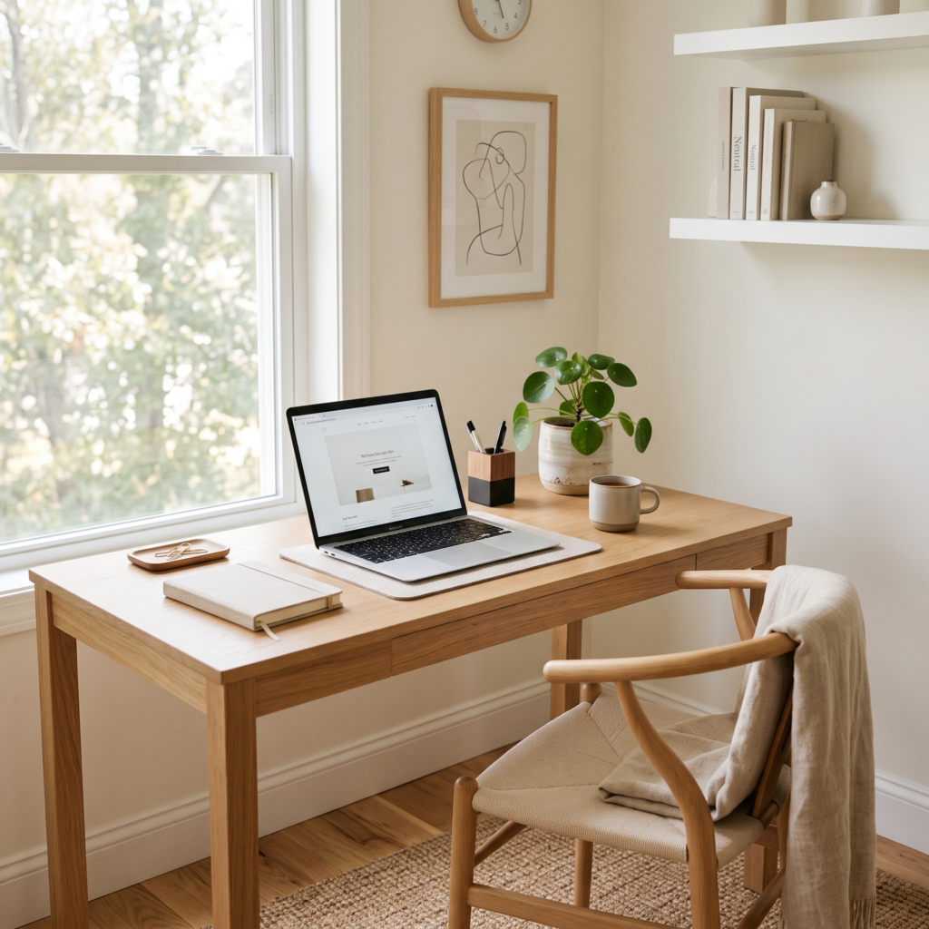 Clean home workspace with soft natural lighting showing how to maintain work from home discipline.