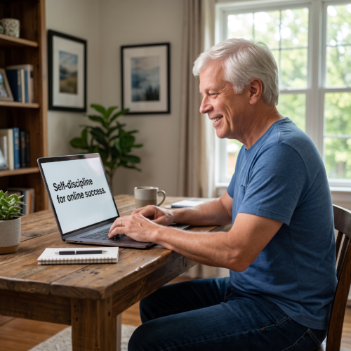 Man working on a laptop at home with the words “Self‑discipline for online success” on screen, representing focus and consistency in online business.