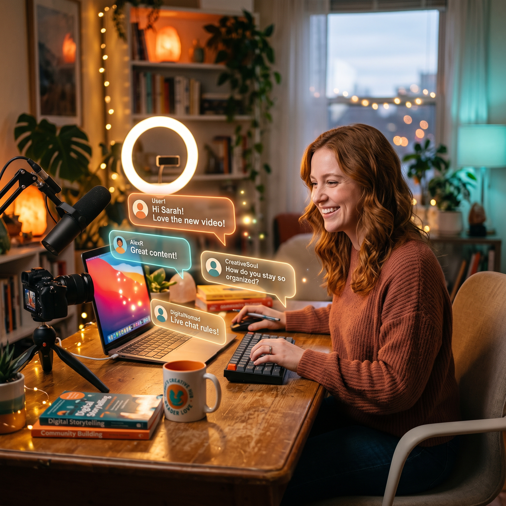 how to build affiliate audience relationships 4 Digital illustration of a content creator engaging with an active online community and loyal followers