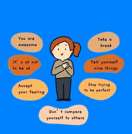 image of young person being kind to oneself blue background with self self talk on various ways to think positive