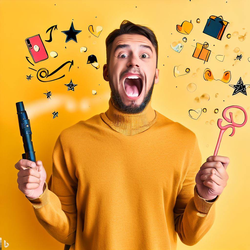Man with Magic Wand showing a range of various products shown with yellow to light yellow background color