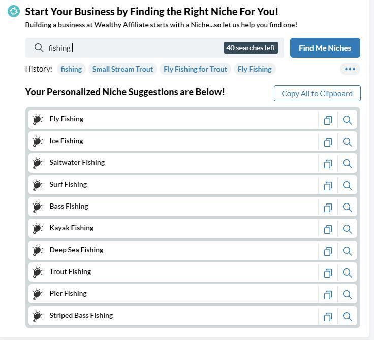 Niche Finder tool showing various Niches under main term Fishing