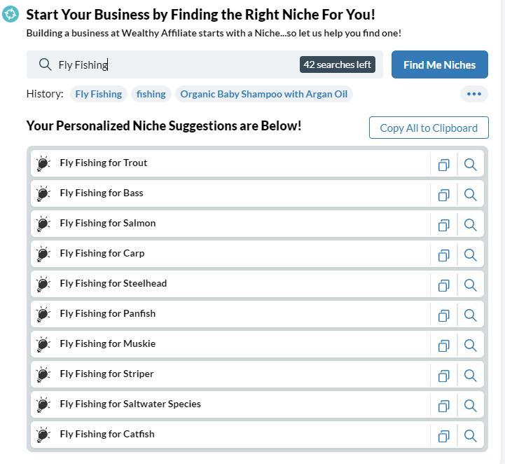 Niche Finder tool showing various Niches under main term Fly Fishing