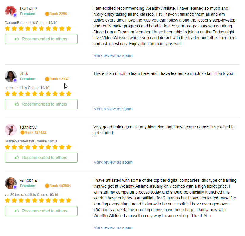 Reviews from Wealthy Affiliate Members