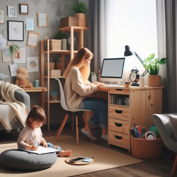 Mom working online from home while toddles plays