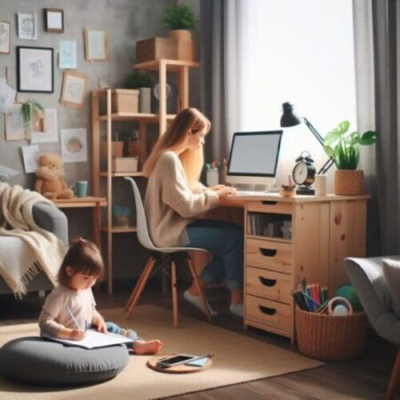 Mom working online from home while toddles plays