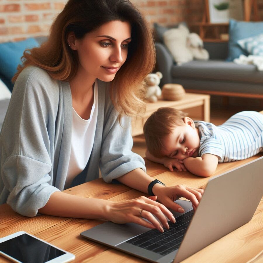stay-at-home-mom can working online with toddler taking a small nap