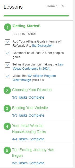 Phase one of Affiliate Boot Camp Course free for Starter members. White background green numbering and titles and black and blue tasks completed 