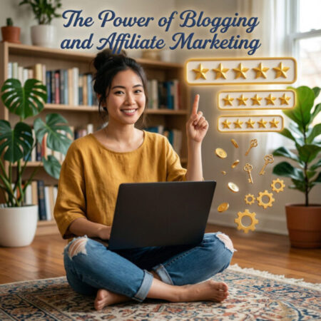 Young female sitting cross legged with laptop pointing to the power of blogging and affiliate marketing