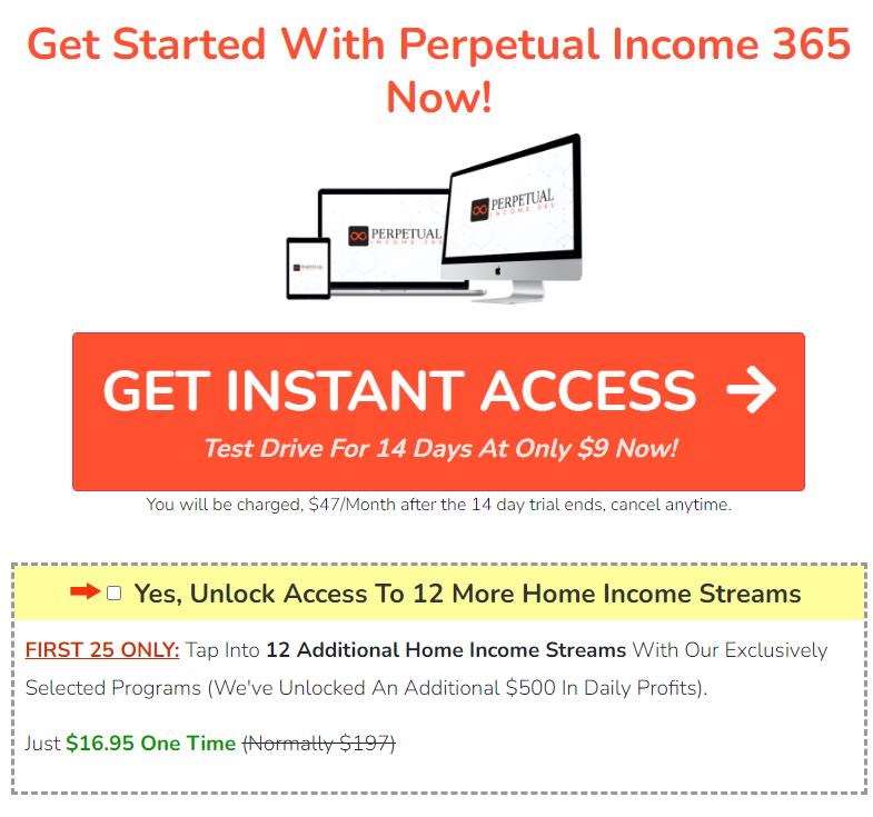 Upsells Before Sign Up for Perpetual Income 365