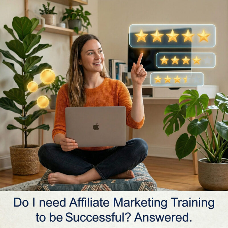 woman sitting crossed legged with laptop and pointing to 5 stars answering if she needs affiliate marketing training to be successful