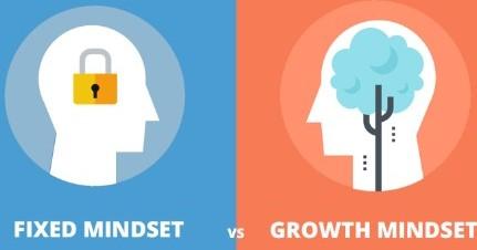 Two types of Mindset Fixed and Growth shone two images of person with a fixed mindset with blue and while background the second in reddish orange backgroun with a growth mindset indicating a growing brain similare to the growth of a tree.